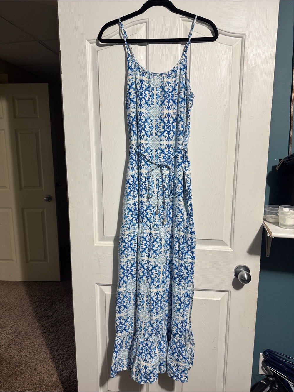 Isaac Mizrahi New York Dress Small Blue & White Floral Linen Blend Maxi Coastal